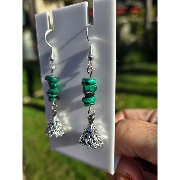 Malachite Chips Christmas Tree Charm Gemstone Festive Earrings - Picture 5 of 6
